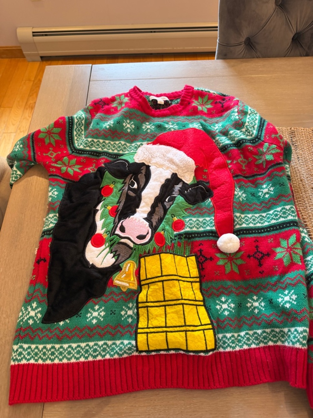 Holiday Cow Appliqué Ugly Christmas Sweater in Red & Green